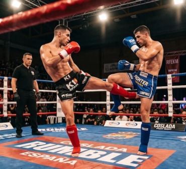 Peleador lanzando una patada baja en un combate de K1, en el ring