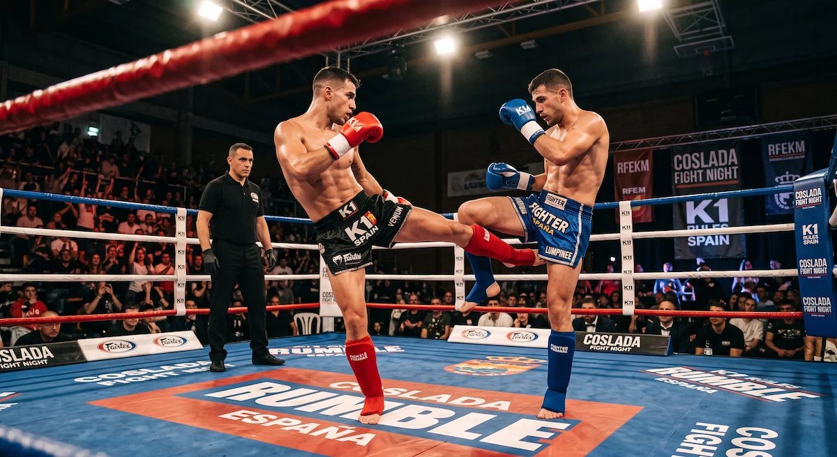 Peleador lanzando una patada baja en un combate de K1, en el ring